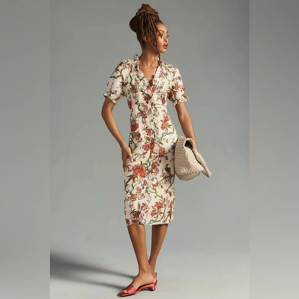 Pilcro by Anthropologie Floral Dress Beige Multi Ruffle Collar Button Lined - Picture 2 of 8